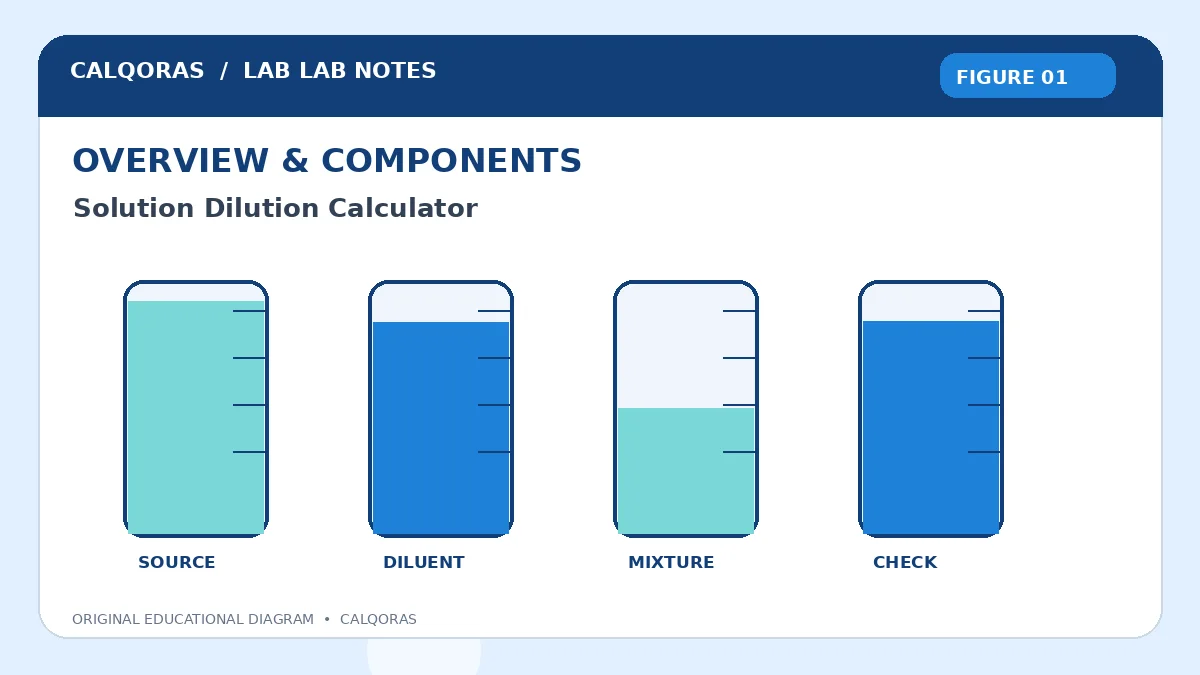 Dilution calculator illustrated with laboratory volumetric flasks and pipettes preparing a diluted solution
