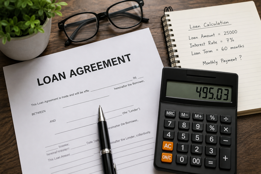 Loan payment calculation with calculator and loan agreement